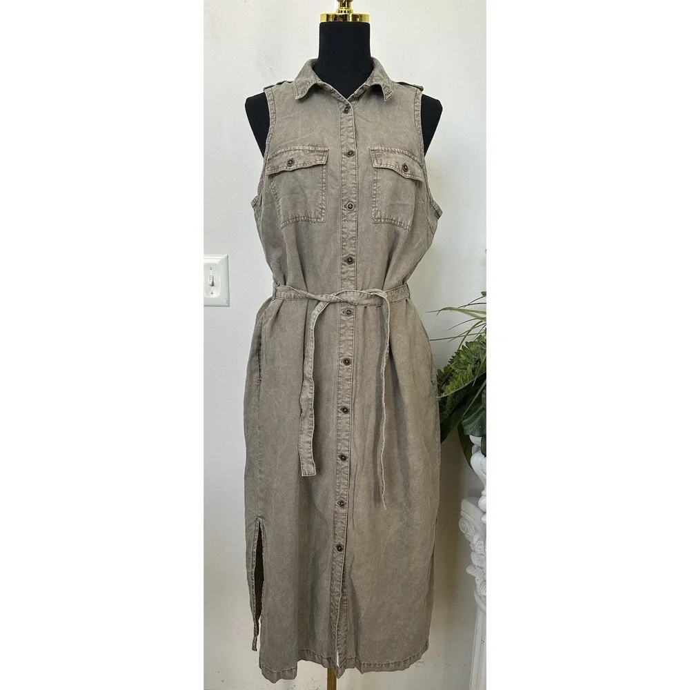 Sundance Utility Shirt Dress Linen Blend Midi Belted Boho Safari Gorpcore Tan L - Picture 1 of 8